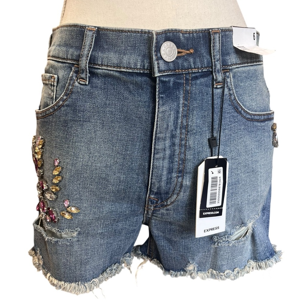 Express Rhinestone Embellished Distressed High Rise Denim Shorts NWT Size 6 - Picture 3 of 12